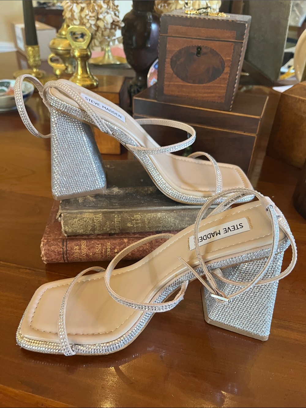 Steve Madden Silver Rhinestone Block Heel Sandals